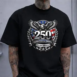 250 Years USA 1776-2026' Bald Eagle Badge Print T-shirt Patriotic Retro Style Casual Top