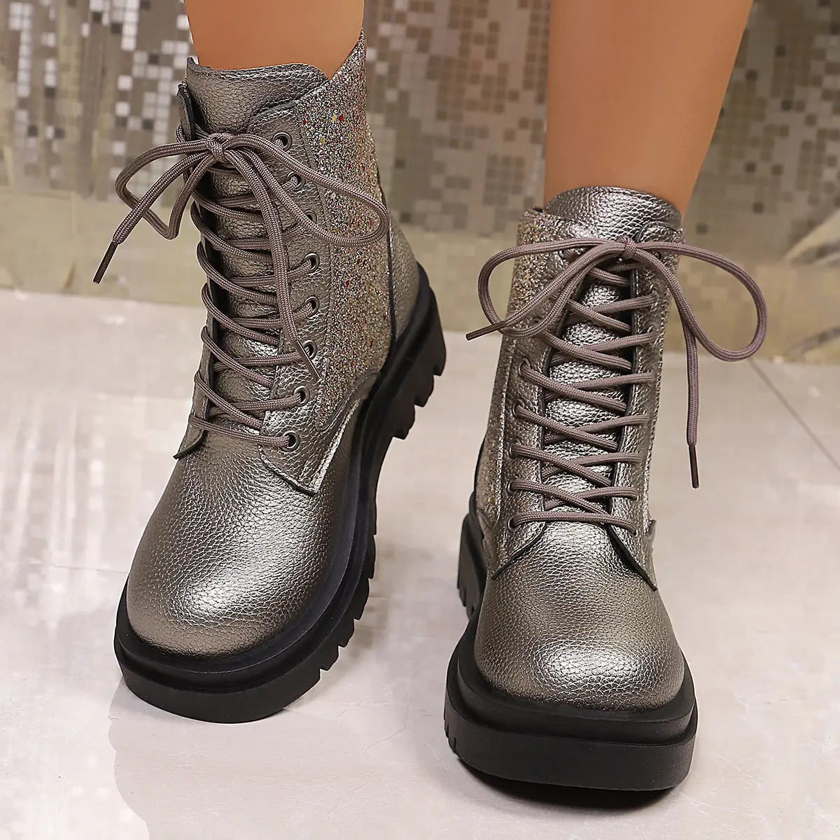 Women' Sparkly Sequin Lace-Up Platform Boots with Thick Sole & Round Toe - Short Winter Booties Suitable for, Casual, - Rubber Upper & Sole (North America Style)