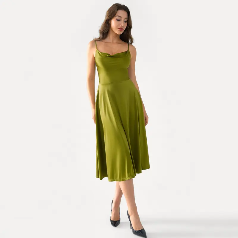 POPILUSH Olive Green Satin Cowl Neck Spaghetti Strap Midi Swing Dress - Casual Breathable Elastic Fabric for Everyday Womenswear