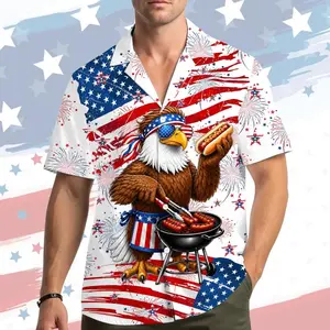 BBQ Hawaiian Shirt for Men Women, American Flag BBQ Aloha Shirt, 4th of July Button Up Shirt Short Sleeve
