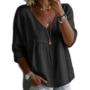 Women's Tops Casual V Neck Long Sleeve Waffle Knit Textured Lace Hollow Out Shirts Loose Tunic Tops Blouses