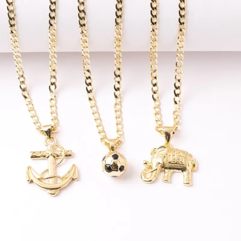 14K Gold Plated Alloy 3mm Necklace Chain with Anchor, Soccer Ball, Elephant Pendants - Heart Shaped Necklace, Luxury Packaging, Valentine Gifts for Mom