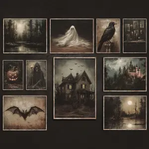 Dark Academia Prints, Halloween Moody Victorian Goth Poster, Vintage Gothic Gallery Wall Art Collage Decoration for Spooky Season