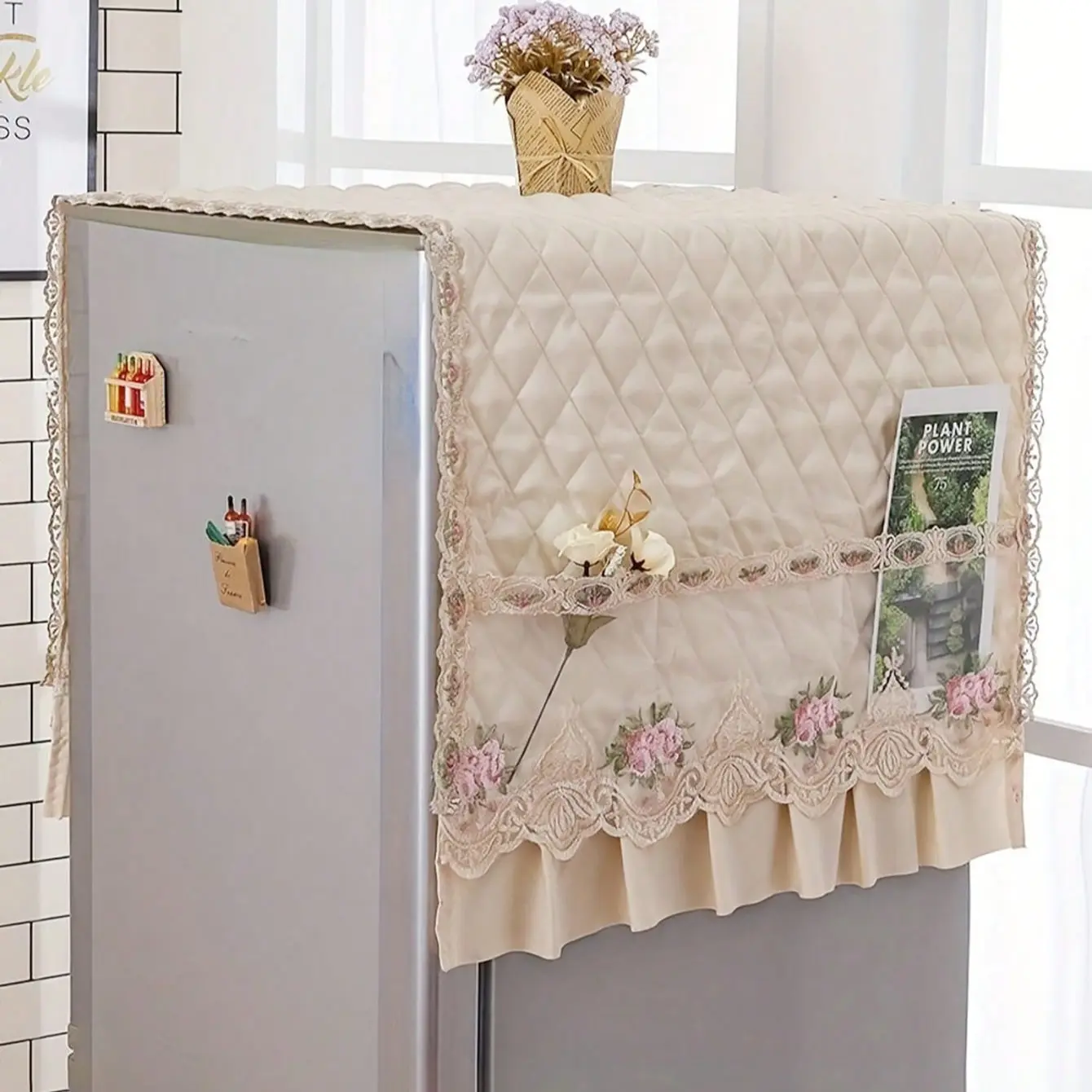 Soft Washing Machine Cover, Multi-Texture Print Dustproof Protector, Fits Refrigerator & Washer, Multifunctional Home Appliance Tablecloth with Side Pockets