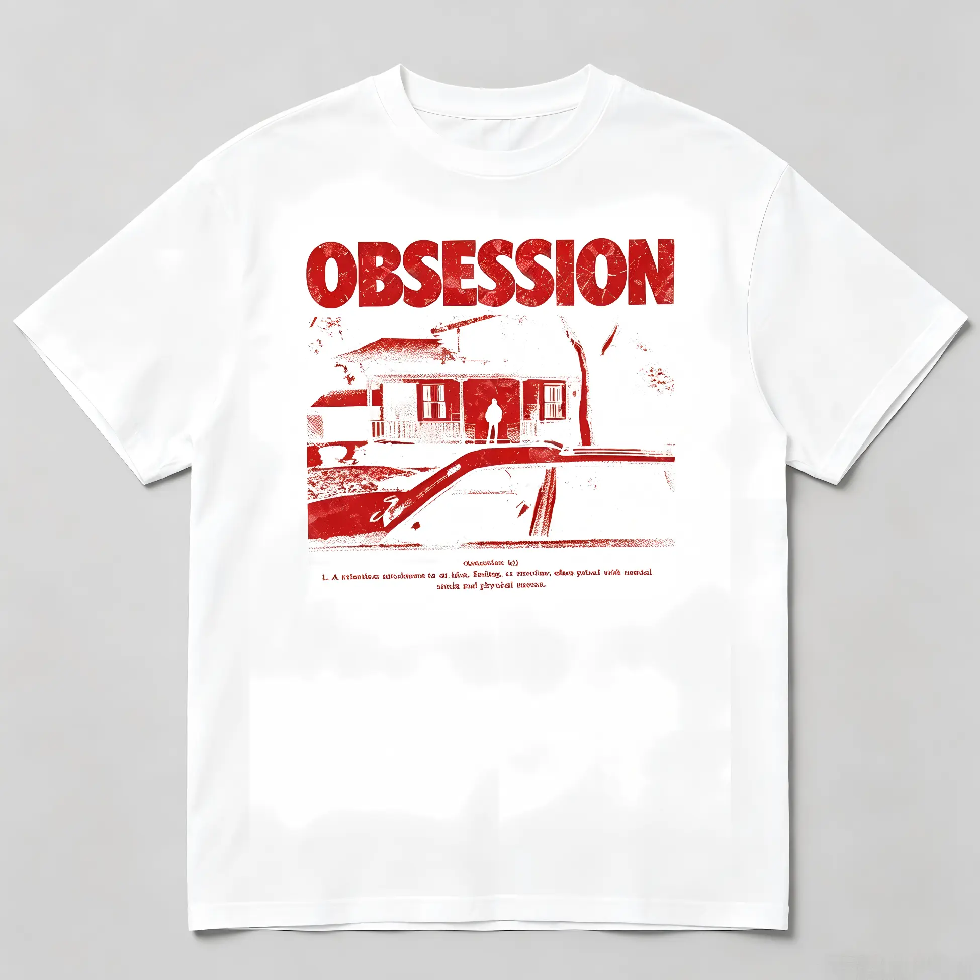 Men's 100% Cotton Graphic Tee - 2026 Obsession Indie Horror Movie Merch, Round Neck Baggy Drape Casual Top, Creepy House Silhouette Stalker Goth Aesthetic, Unisex Red Vintage Streetwear Shirt Oversized Crewneck Loose Menswear