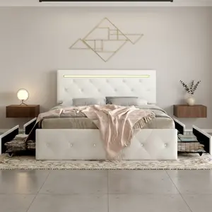 Full Size Bed Frame with LED Light and 4 Storage Drawers, PU Upholstered Bed Frame with Adjustable Headboard, Diamond Crystal Button, Charging Station, Heavy-Duty Metal Frame, Noise Free, No Box Spring Needed