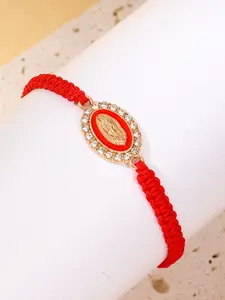 Guadalupe Virgin Mary Rhinestone Braided Bracelet, Adjustable String Wristband, Perfect for Daily Wear & Blessing