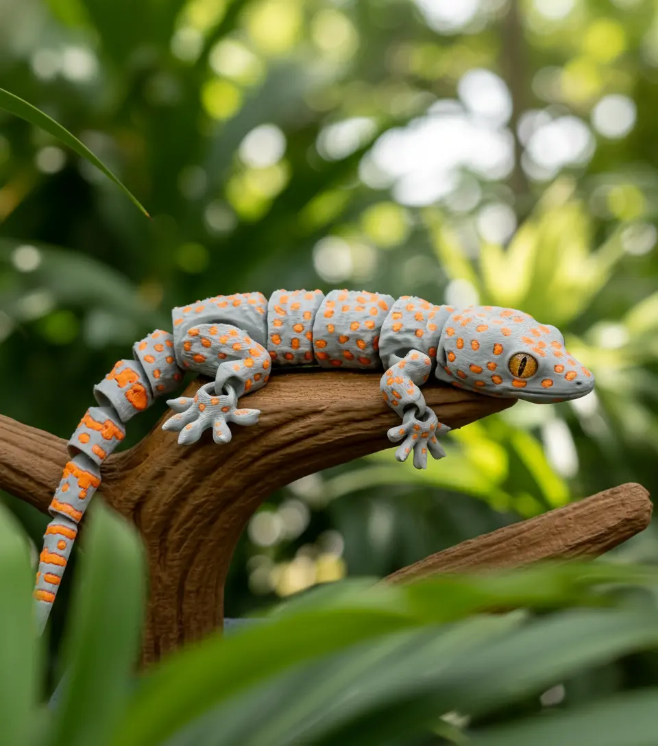 Tokay Gecko Articulated 3D Printed Lizard Multicolor Gray with Bright Orange Spots 23 cm Long PLA Plastic Flexible Desk Companion