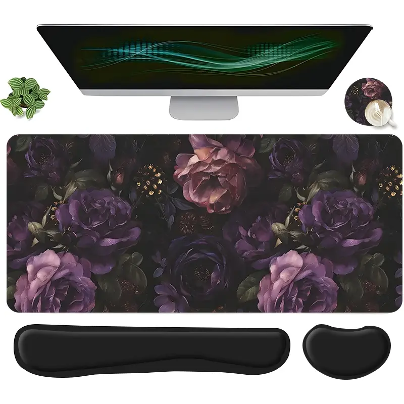 4pcs Dark Purple Rose Floral Design Mouse Pad + Keyboard Wrist Rest + Coaster Set For Desktop Decoration, Desktop Accessory, Office Accessories Set, Non Slip Mousepad, Mouse Pad And Keyboard Wrist Rest