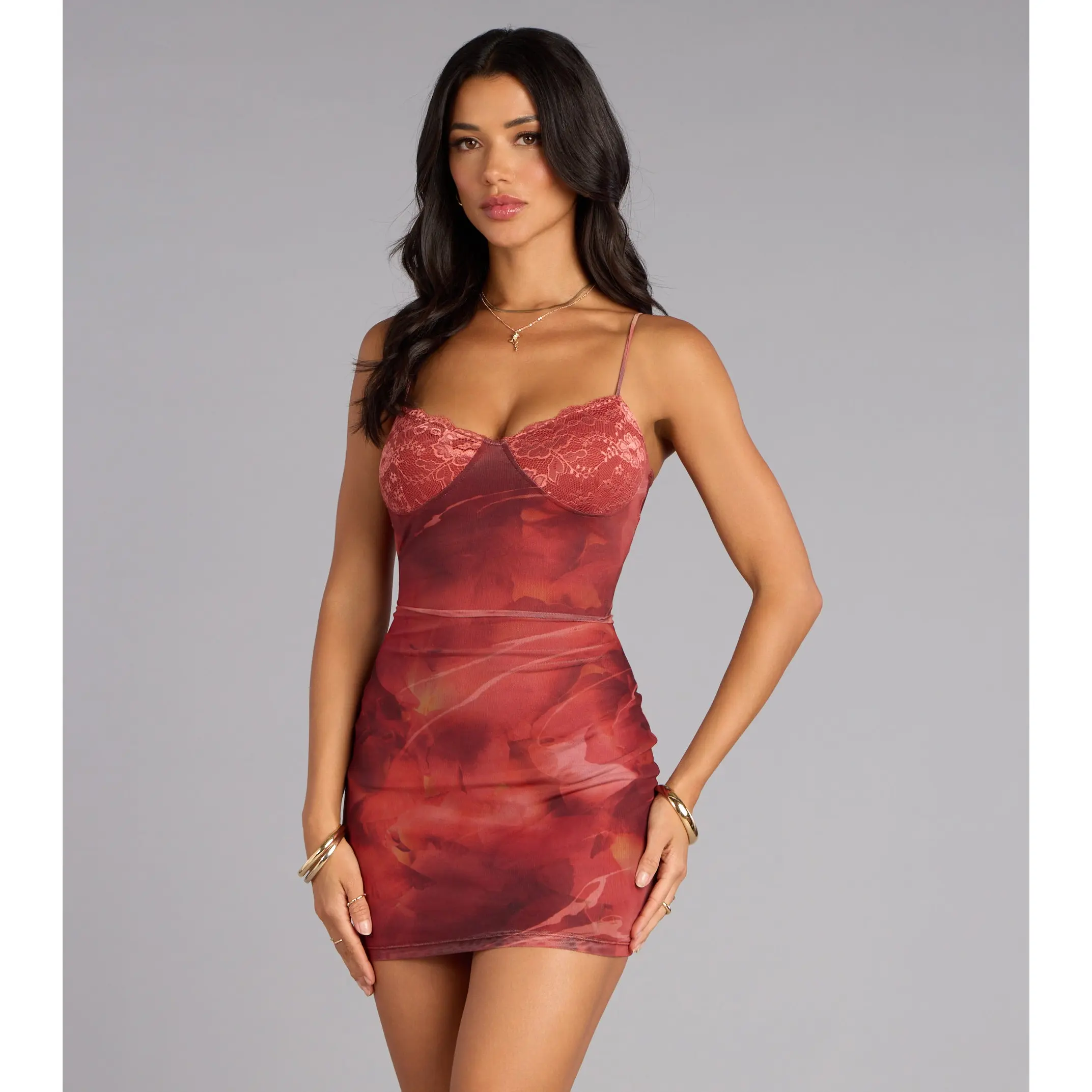 Rose Mirage Lace V-Neck Mesh Mini Dress Rose Mirage Lace V-Neck Mesh Mini Dress