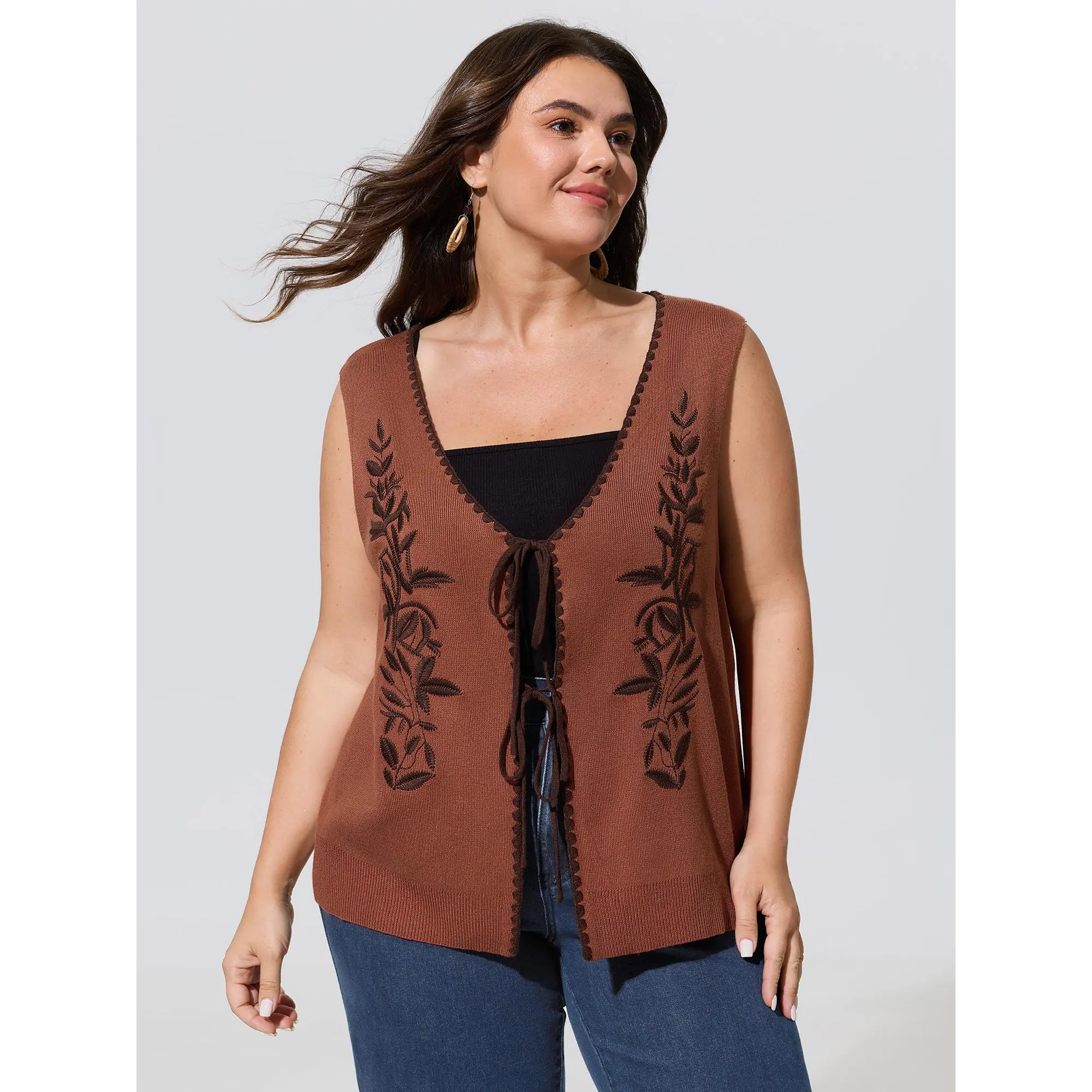BLOOMCHIC Plus Size Floral Embroidered Tie Front Knit Vest[M-6X]Summerfinds