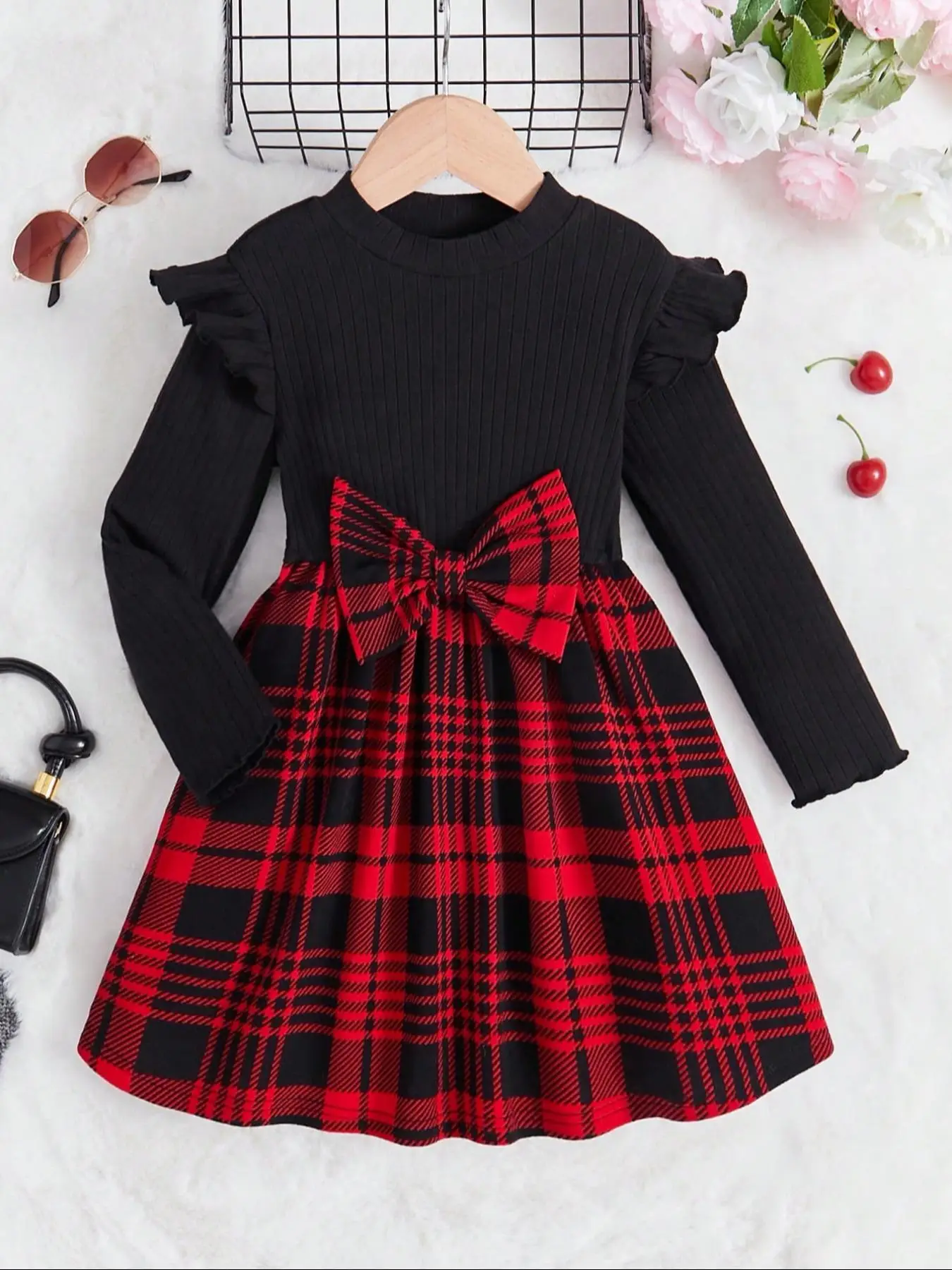 Girl's Plaid Patchwork Print Bow Front Ruffle Trim Dress, Cute Long Sleeve Round Neck Dress for Fall & Winter, Kids Clothes for Daily Wear