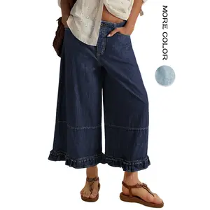 Renaishow Womens Ruffle Hem Wide Leg Jeans Mid Rise Baggy Cropped Denim Pants with Pockets