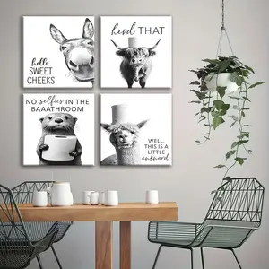 4-count wooden frame canvas, fun animal bathroom four-panel decorative poster, exquisite living room and bedroom decoration, modern and fashionable family poster, corridor wall hanging painting, waterproof art, Home Decor Accessory