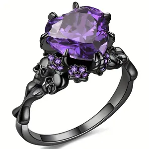 Vintage Gothic Hip-hop Style Amethyst Heart Skull Design CZ Cubic Zirconia Ring - Perfect Gift for Halloween, Mother's Day & Father's Day
