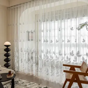 Plant Pattern Embroidery Curtain, 2 Counts/set Modern Simple Window Curtain, Window Drapes for Home Living Room Bedroom Kitchen Balcony Office