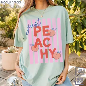 RodyThread Women's Ultra-Soft Ribbed Cotton T-Shirt - Vintage Just Peachy Fruit Tropical Graphic, Breathable Streetwear Beach Top with Wrap Design, Flattering Fit Matching Gift For Her (Shop Spring Glow Up)