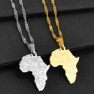 Men African Continent Necklace, Stainless Steel And Flags Design Necklace & Chain, Gold Coin Africa Map Jewelry For Women