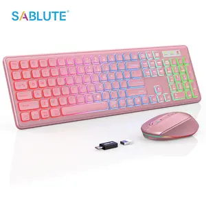 SABLUTE KL1 Wireless Keyboard and Mouse Backlit, Quiet Light Up Keys, Tilt Legs, Sleep Mode - Rechargeable USB Cordless Combo for Computer, iMac, PC, Laptop - by SABLUTE (Pink)