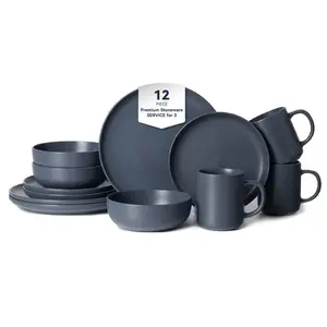 12-Piece Stoneware Dinnerware Sets with Mugs | Microwave & Dishwasher Safe | FDA Certified Non-Toxic Dinner Plates Bowls Set | Stackable Matte Glaze Kitchenware for 3