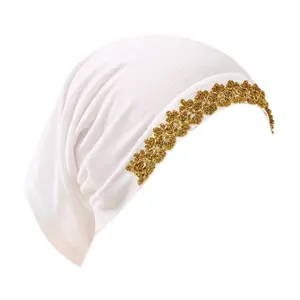 Muslim Women's Polyester Stretchable Turban Hat, Lace Flower Trim Slouch Head Cover