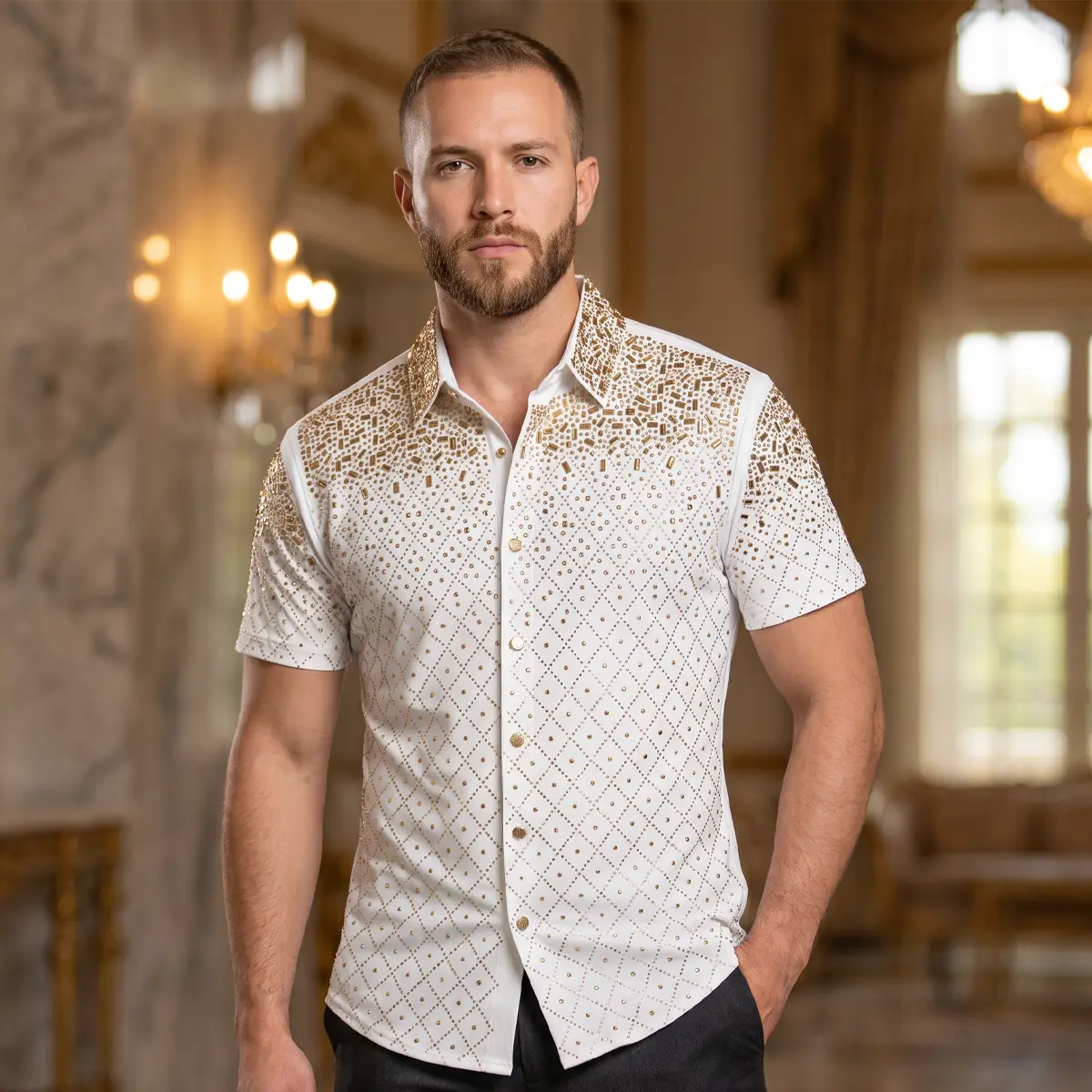 BARABAS Premium Rhinestone Shirt 5SST20 White/Gold - Slim Fit Luxury Button Up For Men