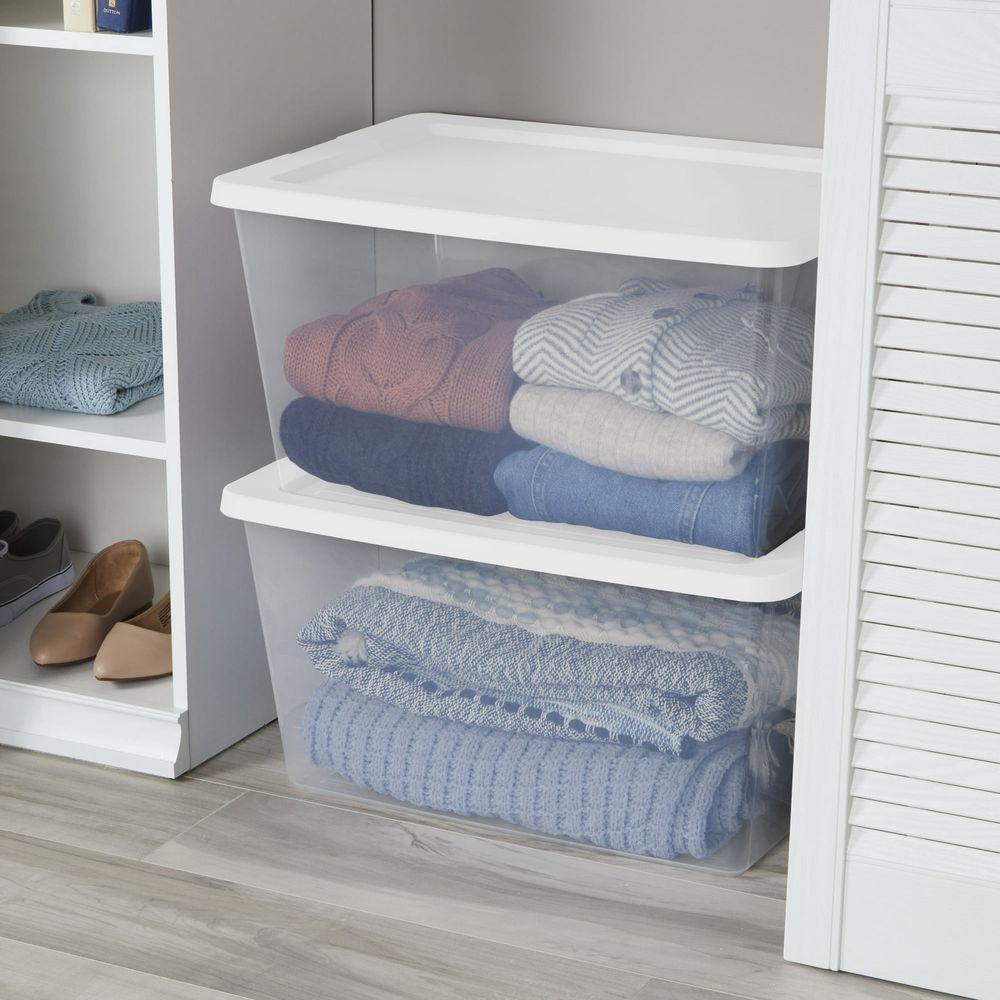 58 Quart Storage Box, Clear Plastic Storage Bin with Snap-on Lid, White