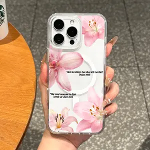 Girly Magnetic Case for iPhone11/12/13/14/15/16/promax, Pink lilies with quotes MagSafe Ready, Slim Fit, Drop-Proof | Perfect for Soft Girl Aesthetic