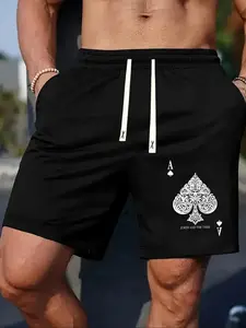 Men's Casablanca Pattern Print Drawstring Waist Shorts, Casual Fitted Summer Sweatpants for Stylish Relaxation, Comfort