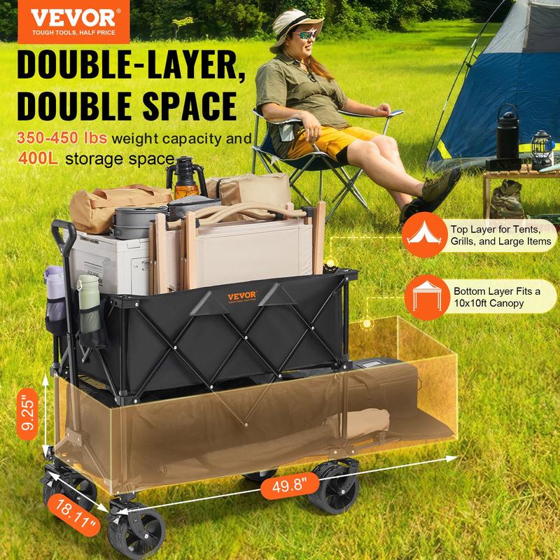 VEVOR Foldable Double Decker Wagon, Collapsible Wagon Cart with All-Terrain Wheels, Heavy Duty Folding Wagon Cart  for Camping, Shopping, Garden, 52" Extra Long Extender