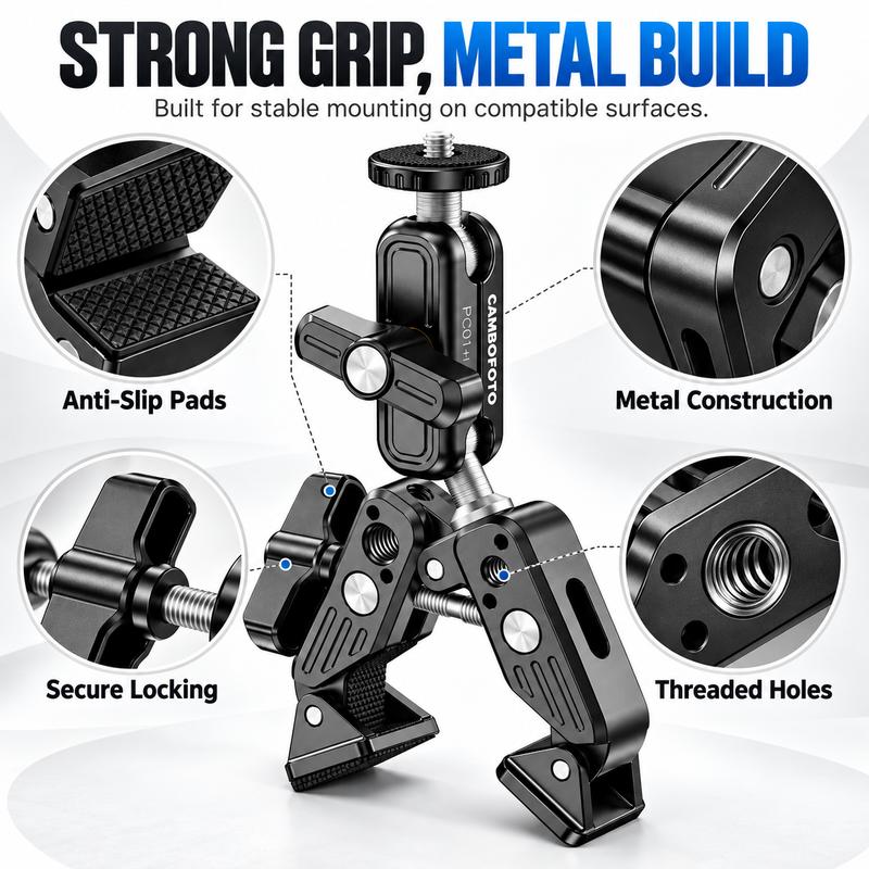 CAMBOFOTO PC01 Model Metal Super Clamp Mount Accessories - 360° Adjustable, with Phone Holder, 1/4" Threaded Holes for Phone, Action Camera, Desk, Rail, Pole, Tripod (for Content Creators)