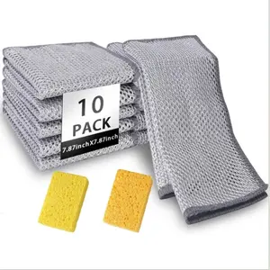 Silver Double Line Dishwashing Wipes Set of 10 - Non-scratch Line Dishwashing Cloths Multi-Functional Line Dishwashing Cloths Wet and Dry - Stainless Steel Scratch Resistant For Kitchen Utensils Two Free Highly Effective Cleaning Sponge Wipes