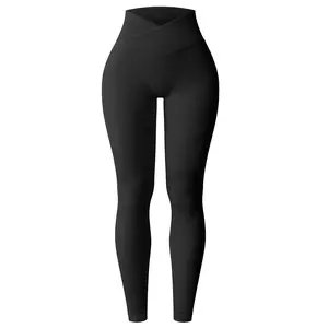 Women's Crossover Waist High-Waist Tummy Control Leggings - Nylon/Elastane Fitness Yoga Pants, Gym Sportswear Bottoms, Figure Shaped Form Fitting Shaper for Gym, Yoga