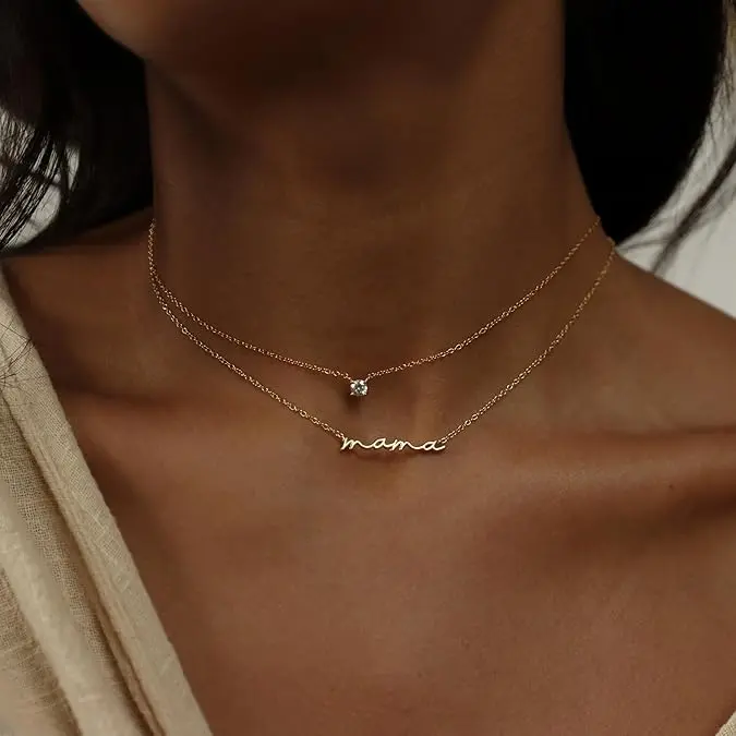 Mama Choker Necklace - Tiny Dainty Chain Mom Initial Letter Pendant - Perfect Daily Wear Jewelry Gift for Mother's Day & Birthdays