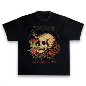 Kanyee West Ye Yeezuus Tour Skull and Roses Premium Heavyweight Boxy Washed Black T-Shirt