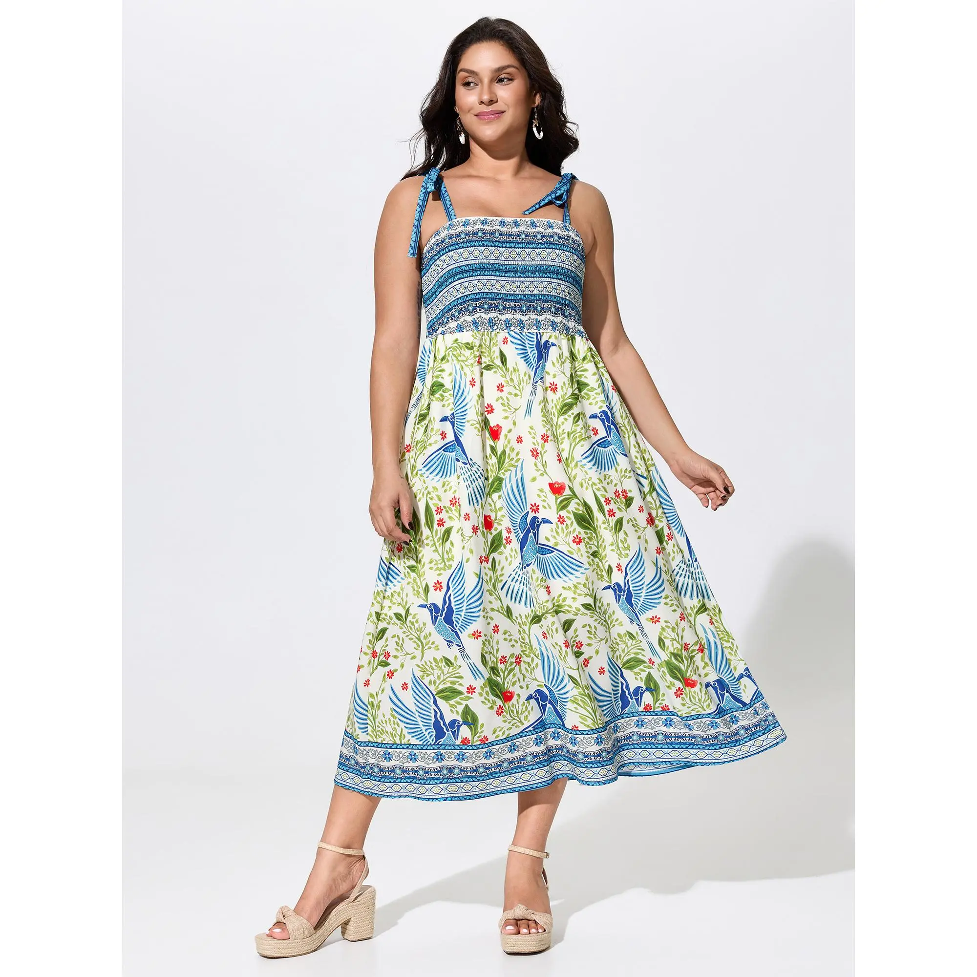 BloomChic Women's Plus Size Floral Print Maxi Dress, Sleeveless Resort Style with Smocked Bodice and Shirred Tie Shoulder, Smooth Polyester, M-6X, Garment, Casual, Fabric