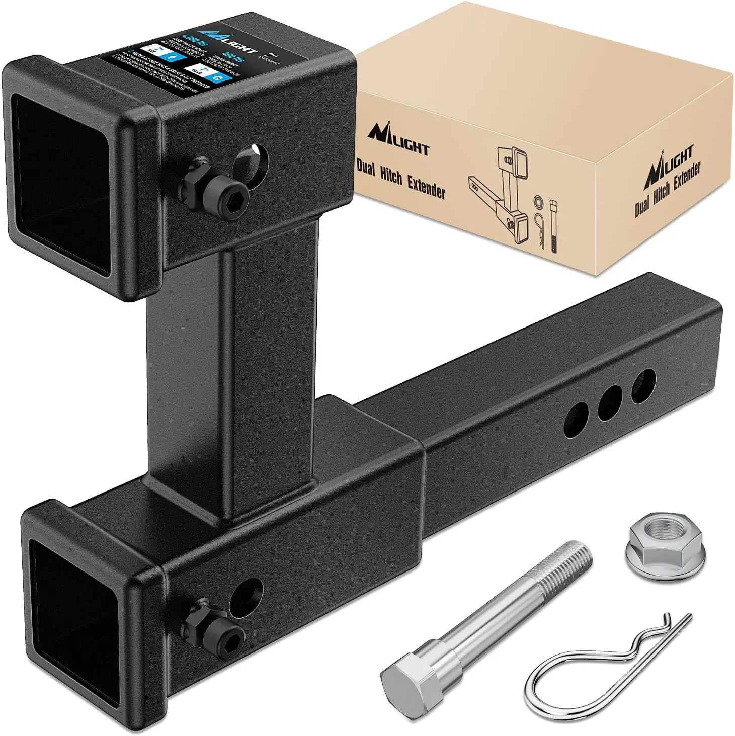 Nilight Adjustable Dual-Receiver Hitch Extension with Bolt Nut Kit - 2-In Receiver Compatibility, 10-In Max Length Adjustment, 7.5-In Riser/4-In Drop, 4000lbs Max GTW, Corrosion-Resistant Steel Automotive Rear Rack, Boat Accessories