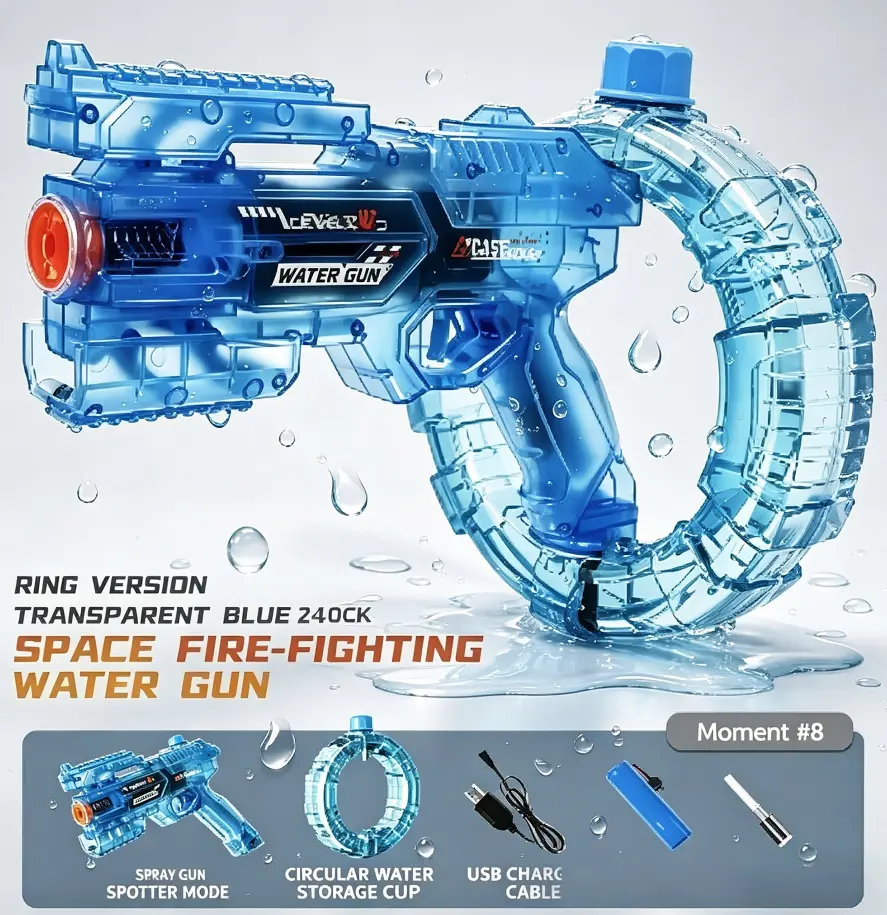 Level 240CK Transparent Blue Space Fire-Fighting Water Gun with Ring Version, Spray Gun Spotter Mode, Circular Water Storage Cup, USB Charge Cable