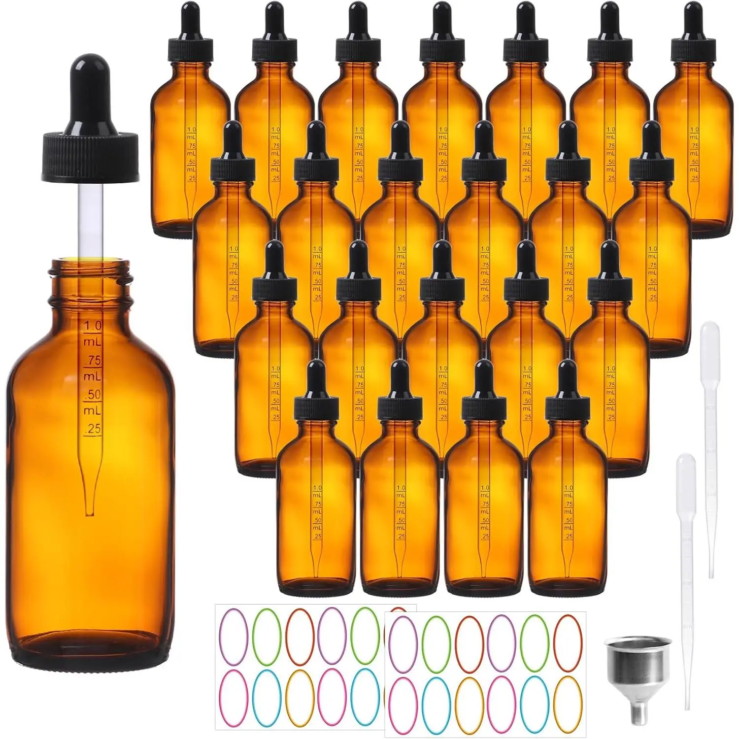 4 oz Dropper Bottles Glass 24Pack,  Glass Tincture Bottles with Dropper - Dropper Bottle 4 oz with Funnel/Stickers/Plastic Graduated Pipette (4fl.oz, Set of 24)