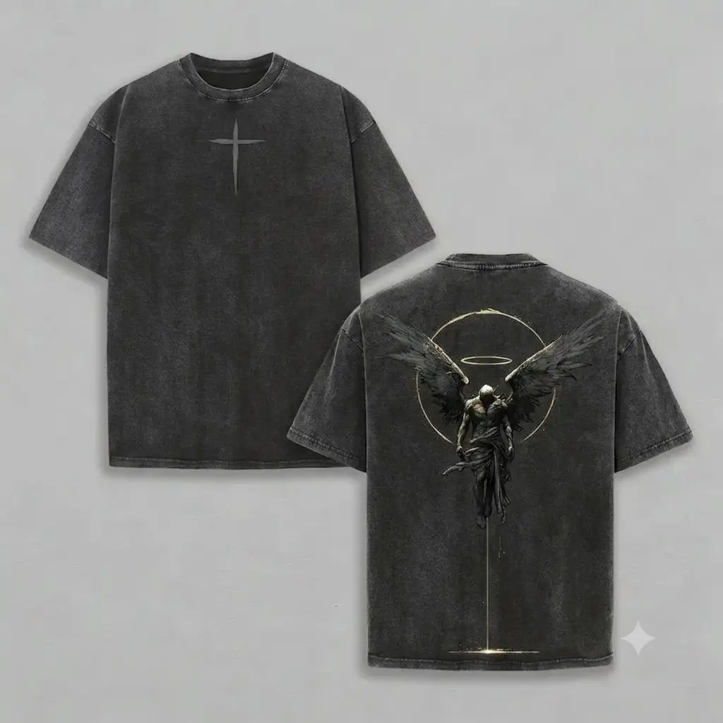 Men's Classic Soft Seamless Oversized Heavy Cotton Short-Sleeve Casual Graphic Apparel, Gothic Faith Fallen Angel & Crusader Print, Pre-Washed Vintage Acid Wash, Rib Round Neck, Streetwear, Free Expedited Shipping