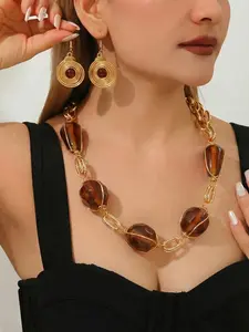 Sexy Amber Resin Aluminum Chain Necklace Earrings Set, Punk Style Colorblock Design, All Seasons Fashion Jewelry for Women