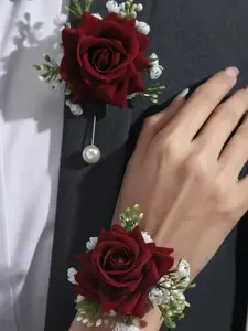 Elegant Rose Wrist Corsage with Starflowers and Faux Pearl Chain, Perfect Wedding Accessory for Bridesmaids and Guests