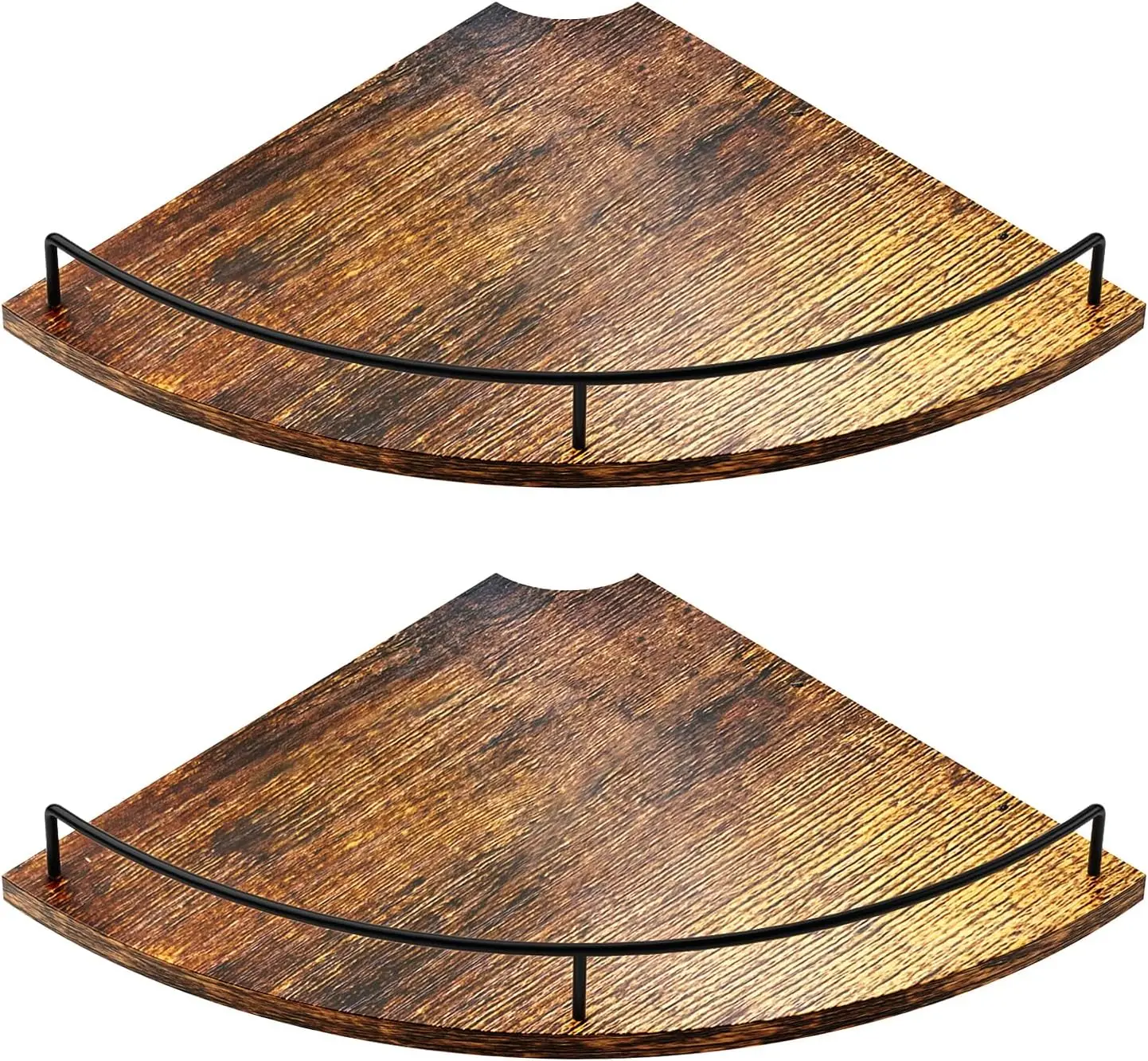 KLM Corner Floating Shelves, Rustic Brown Wood, Set of 2, Wall Mount Storage with Guardrail for Bathroom Kitchen Living Room
