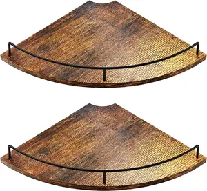 KLM Corner Floating Shelves, Rustic Brown Wood, Set of 2, Wall Mount Storage with Guardrail for Bathroom Kitchen Living Room