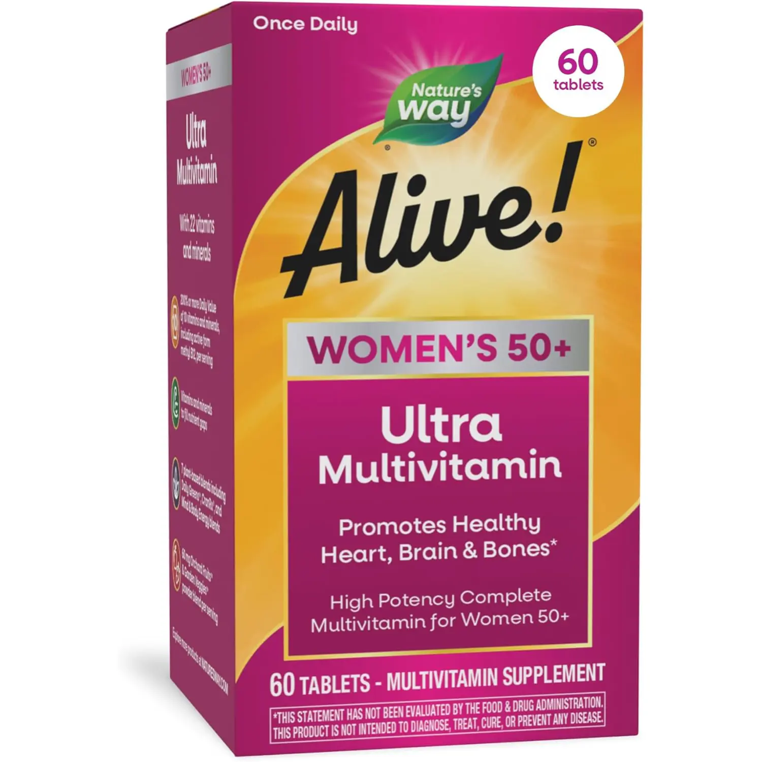 Alive Ultra Potency Multivitamin for Women 50 Plus with Vitamin D3 C E and Methylated B12 for Heart Brain and Bone Health 60 Tablets