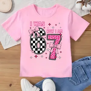I Was 6 Now I Am 7 Girls T-Shirt, Pink Bow Leopard Print Kids Graphic Tee, Youth Girls 7th Birthday Outfit, Checkered Aesthetic Toddler Shirt, Breathable Soft Cute Kids Fashion Top for Birthday Party, Photo Shoot & Daily Wear, Girls Birthday Gift Tee