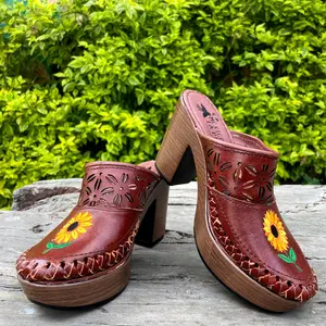 Block Heel Leather Sandals. Mexican embroidered Sunflower Huarache. Mexican Gifts