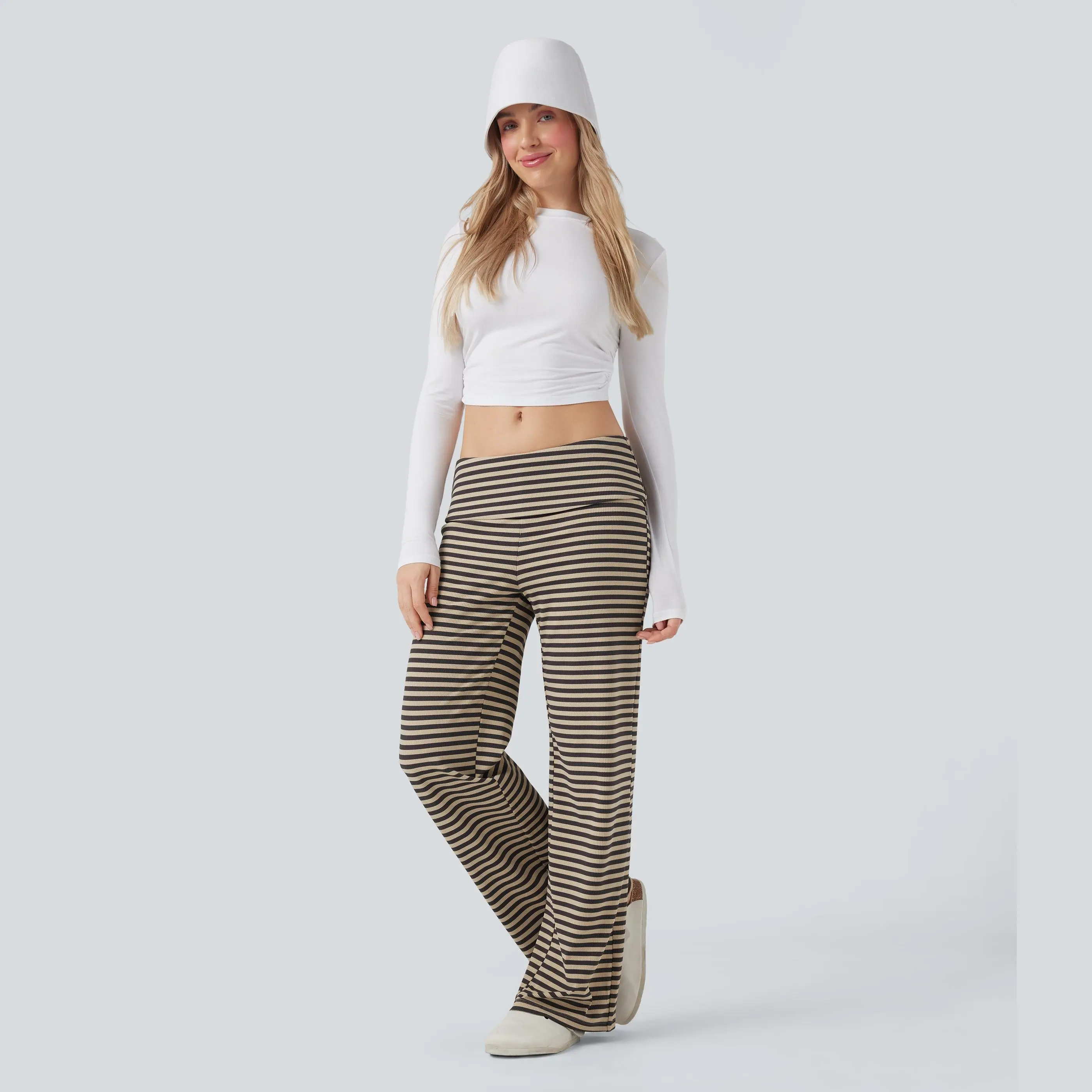Foldover Low Rise Striped Casual Flare Pants