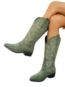 New Retro Embroidered Long Boots, Fashionable Large Size Women's Ankle-High Boots, Polyester Fiber & Rubber Sole, Fall Winter Style, Cowboy Boots