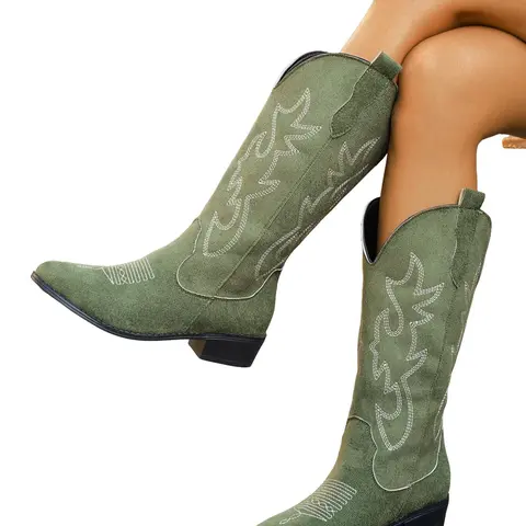 New Retro Embroidered Long Boots, Fashionable Large Size Women's Ankle-High Boots, Polyester Fiber & Rubber Sole, Fall Winter Style, Cowboy Boots, Footwear Boot